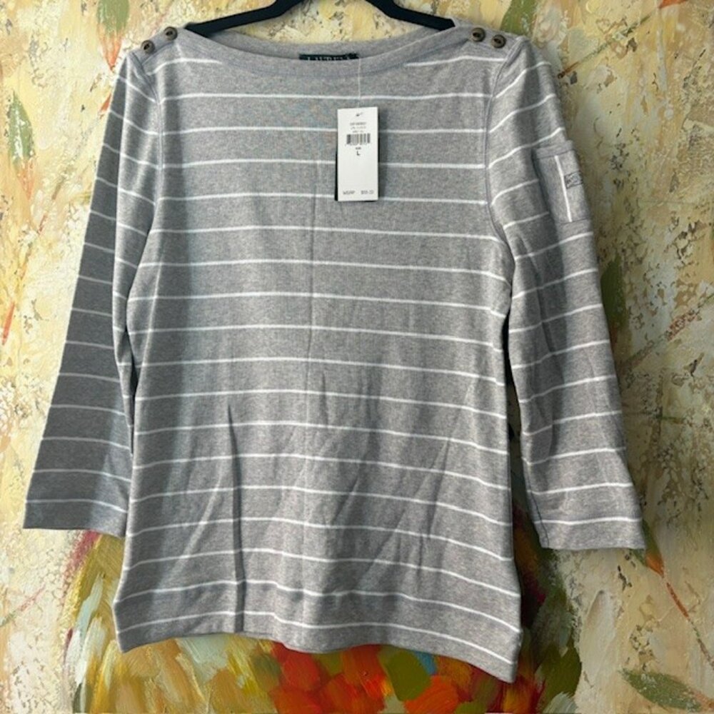 NWT Ralph Lauren 3/4 length sleeve gray/white top size L